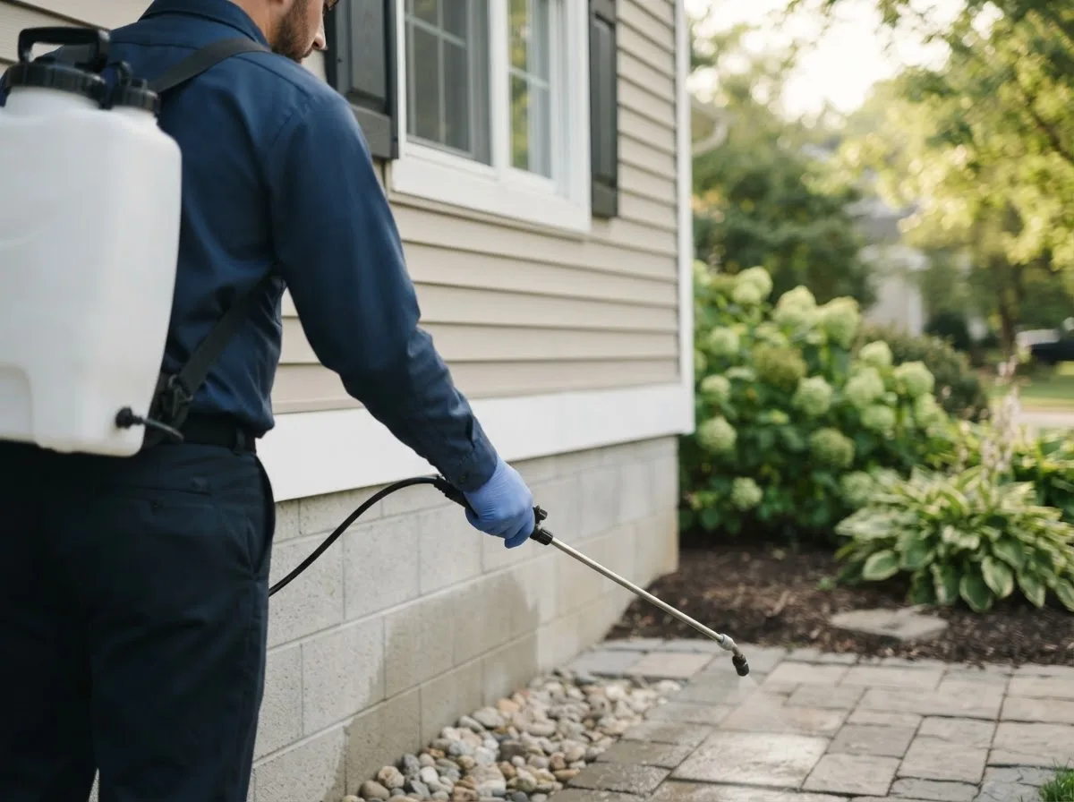 Pest control technician inspecting a home in Portage, ME